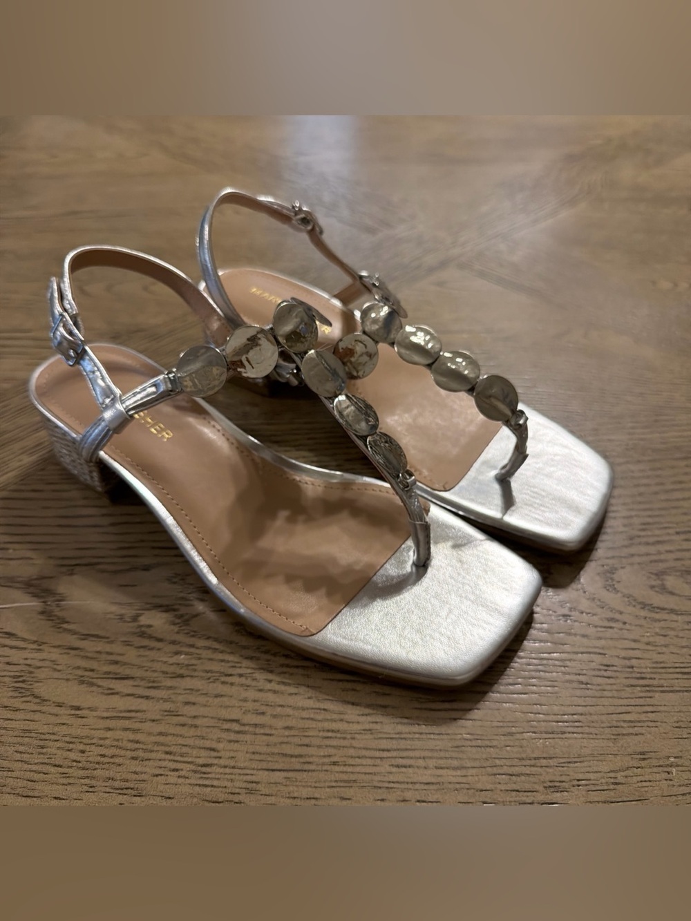 Marc Fisher Caylie Embellished 6.5 T-Strap Block Heel Sandals Womens